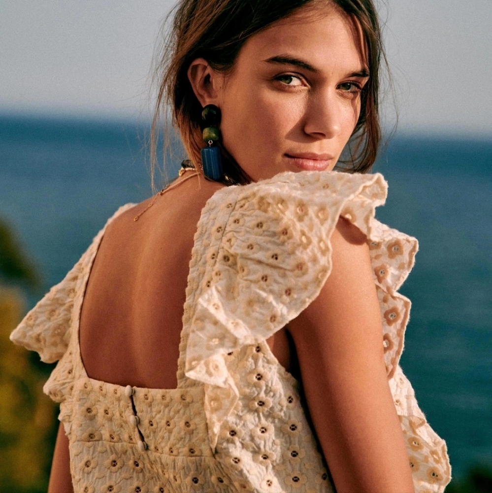 Sezane Cream Eyelet Ruffle Sleeve Blouse
